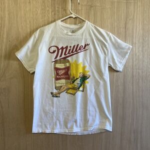 Miller Highlife Women's Boyfriend T-Shirt Size S White Oversized Beer Beach